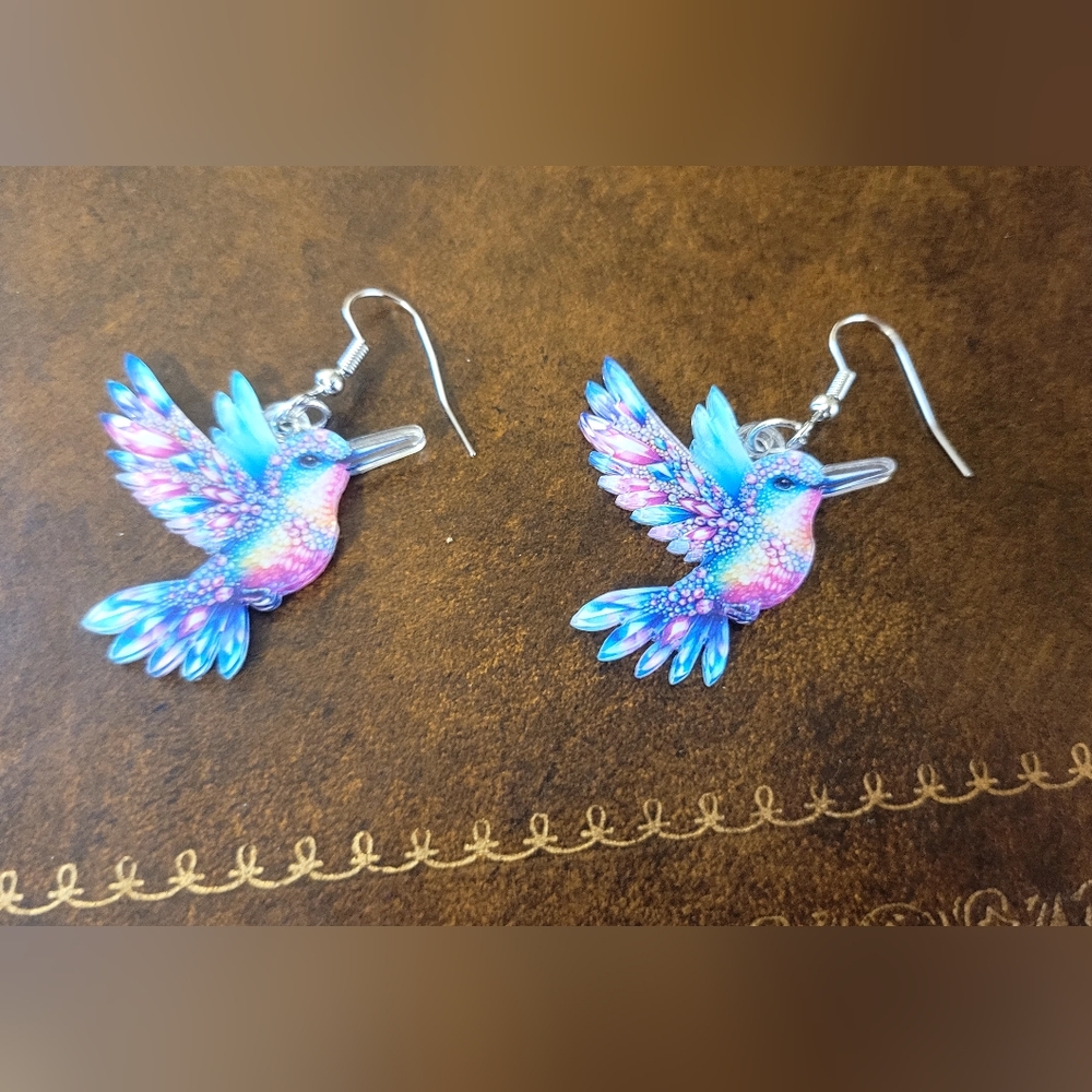 SHEIN Blue and Pink Hummingbird Earrings